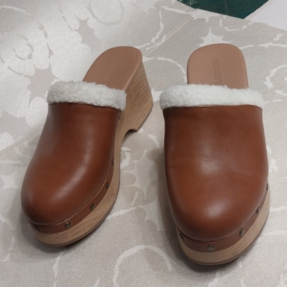Old Navy NWOT Women's Size 7 Faux Leather Sherpa Trim Mules Clogs Y2K Brown - Picture 12 of 12